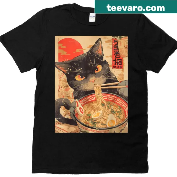 Kawaii t-shirt with a cat and ramen noodle design