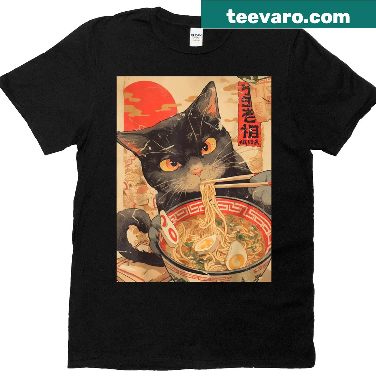 Kawaii t-shirt with a cat and ramen noodle design — on a men's t-shirt