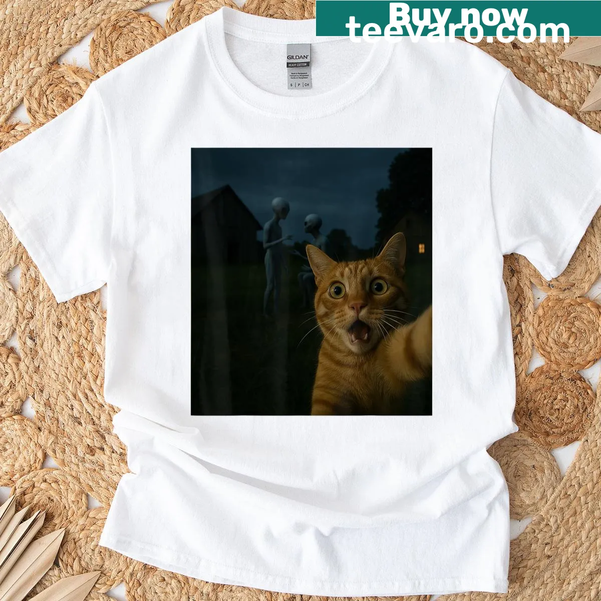Funny T-shirt with cat selfie alongside aliens — on a men's t-shirt