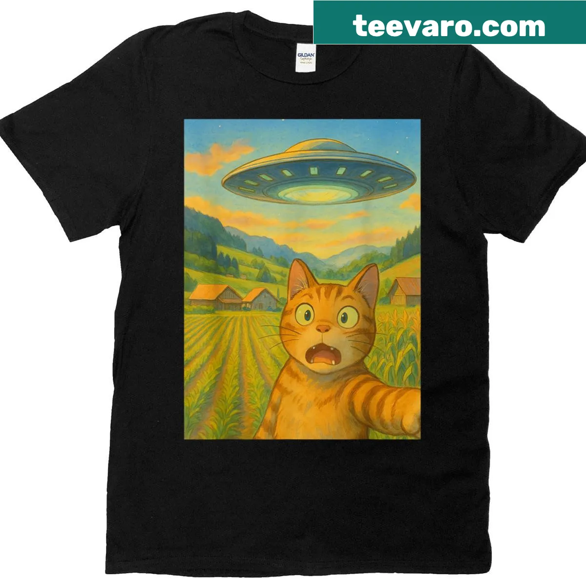 Cartoon cat selfie with aliens on a kids t-shirt — on a men's t-shirt