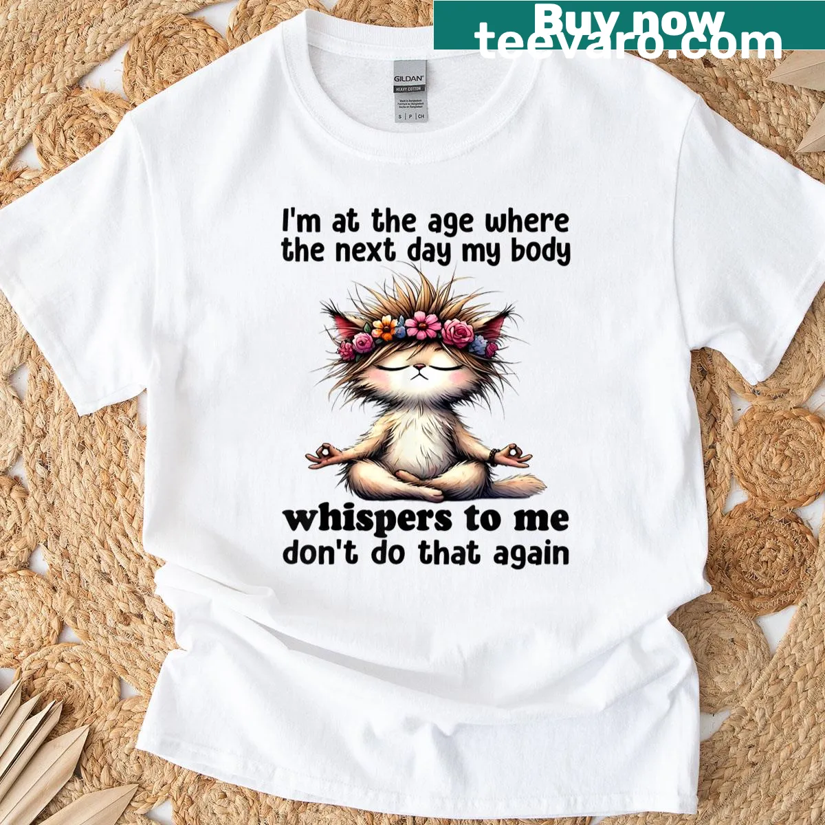 T-shirt with a humorous cat yoga saying about aging — on a men's t-shirt