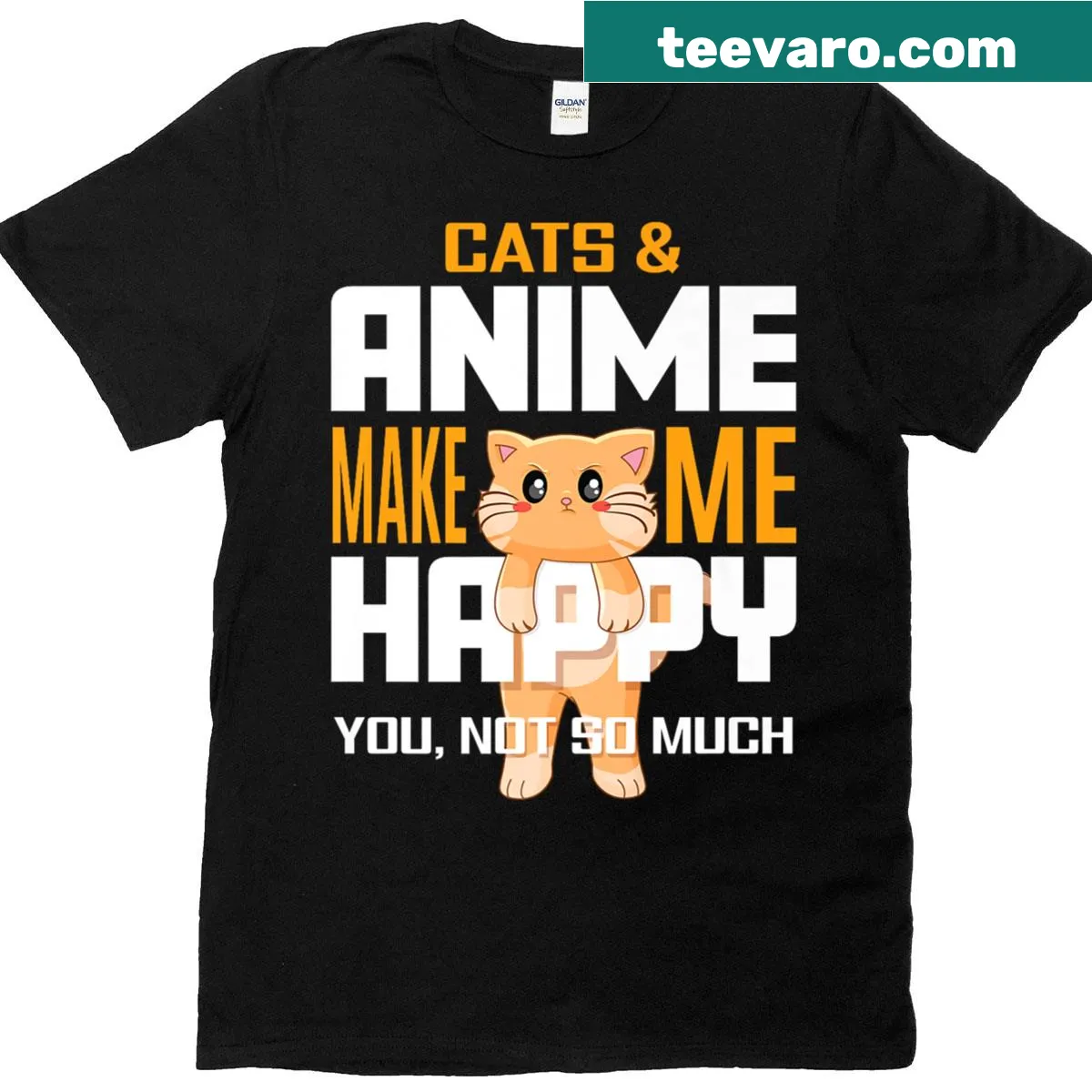 Whimsical graphic t-shirt featuring cats and anime text — on a men's t-shirt