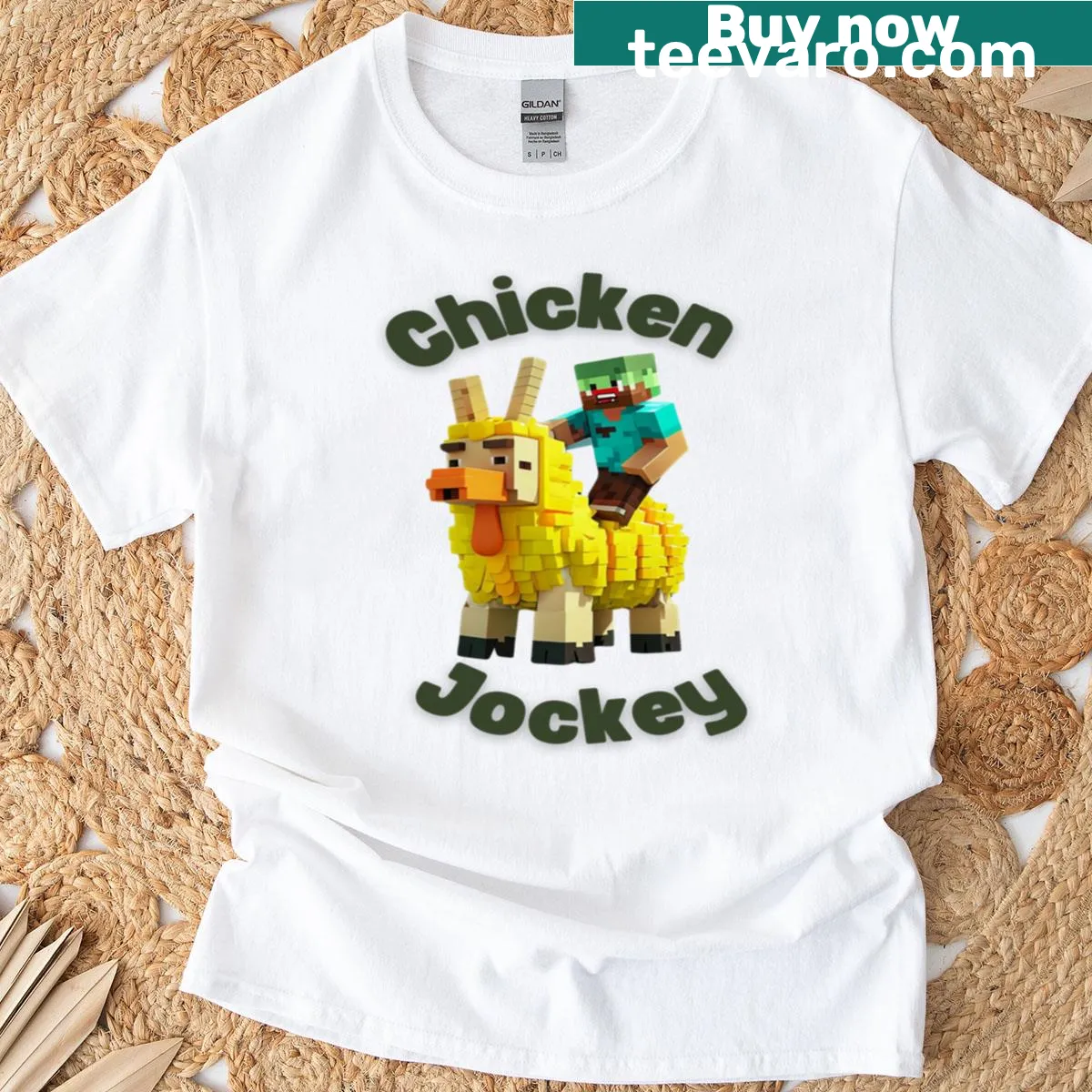 Funny Chicken Jockey T-shirt featuring a graphic of a chicken in jockey gear — on a men's t-shirt