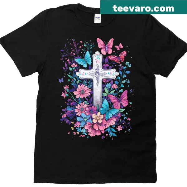 Easter T-shirt with Christian cross and floral butterflies