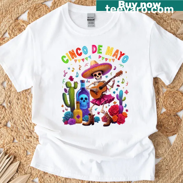 Funny Mexican skeleton playing guitar graphic on T-shirt