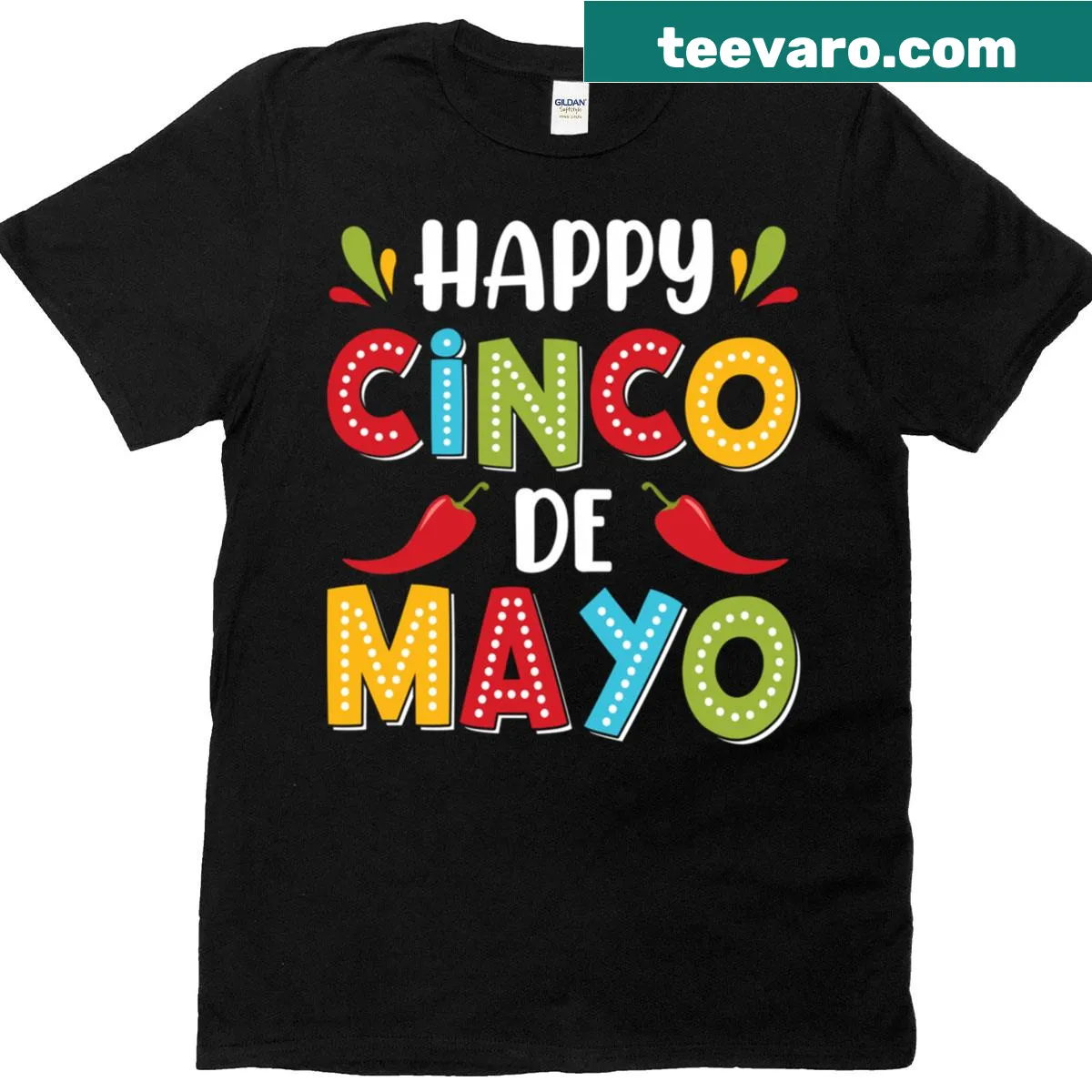 Typographic Cinco De Mayo shirt featuring peppers and confetti — on a men's t-shirt