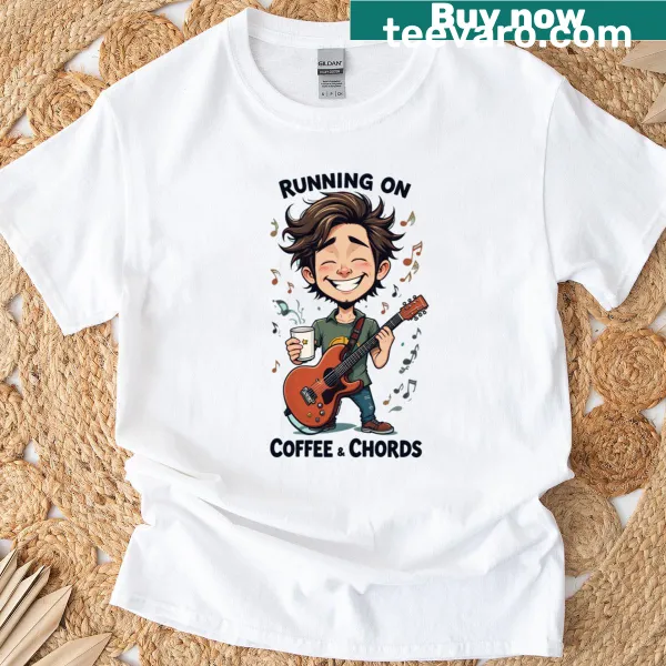 Coffee and musical chords graphic on t-shirt