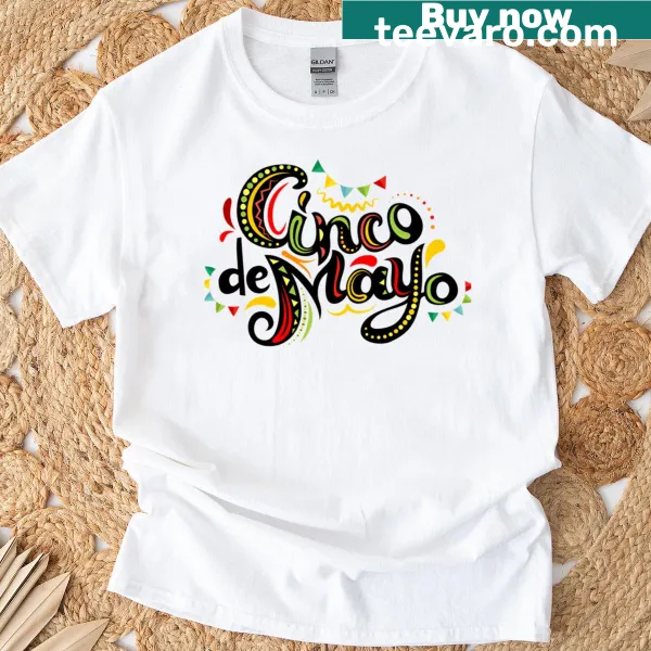 Vibrant Cinco de Mayo-themed T-shirt featuring playful cultural illustrations