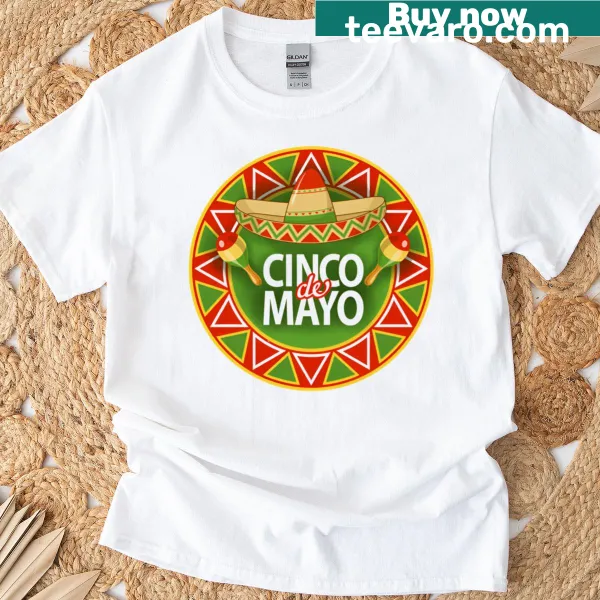 Festive Cinco de Mayo-themed T-shirt featuring traditional holiday symbols