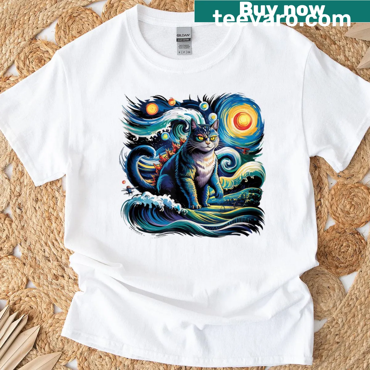 Illustrated Catzilla design in Van Gogh style for cat lovers — on a men's t-shirt