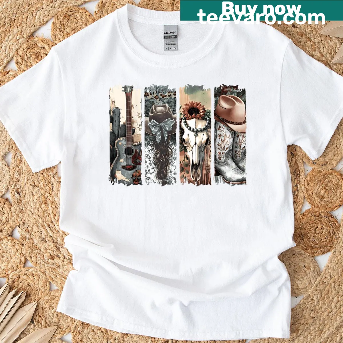 Illustration of cowboy boots and cow skull on country-themed T-shirt — on a men's t-shirt