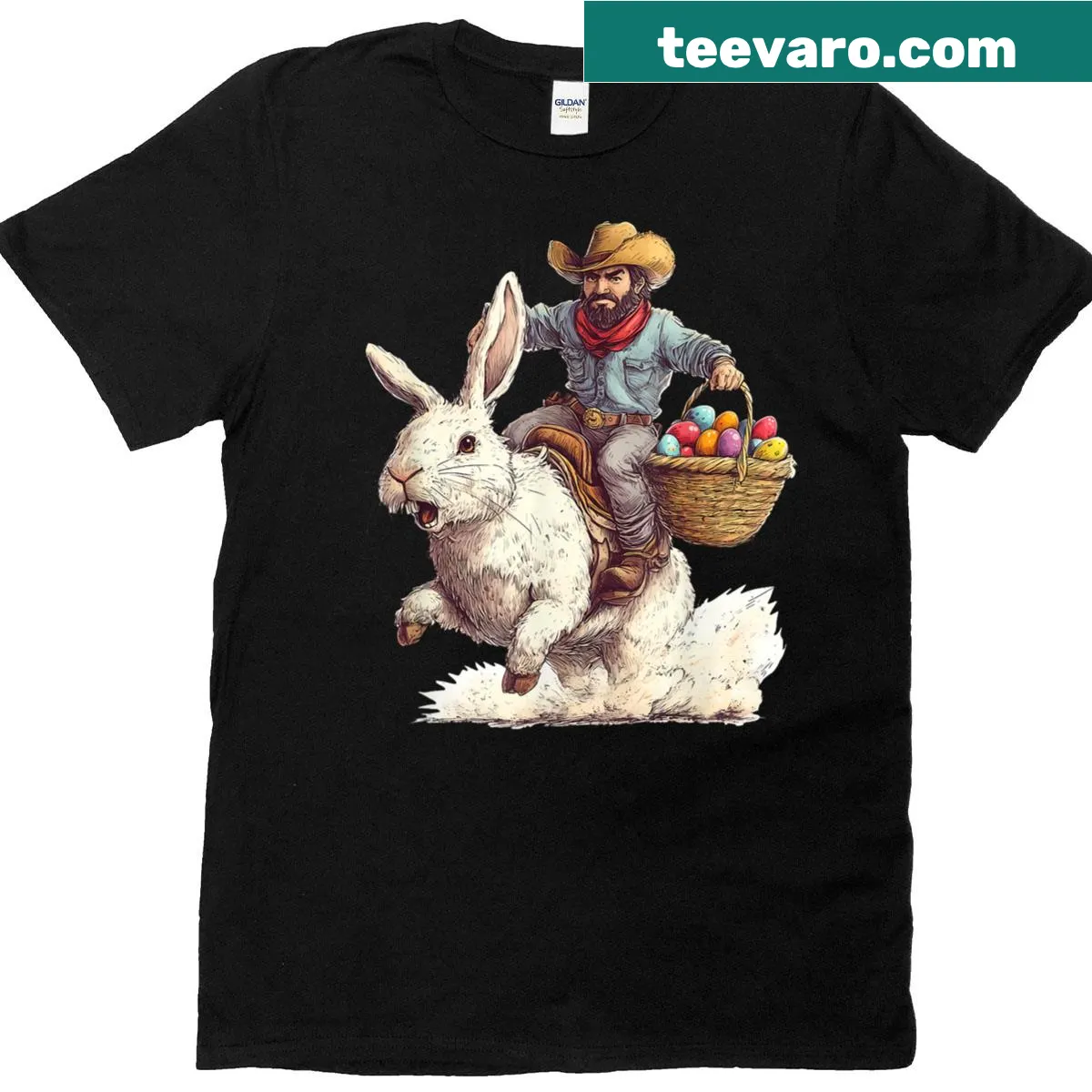Funny illustration of a cowboy riding an Easter bunny on a t-shirt — on a men's t-shirt