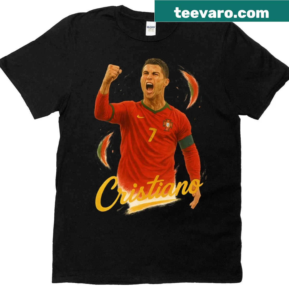 Tribute design featuring Cristiano Ronaldo and Portugal art on a t-shirt — on a men's t-shirt
