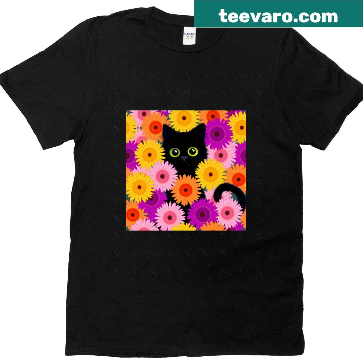 Cute black cat illustrated among gerbera daisies — on a men's t-shirt