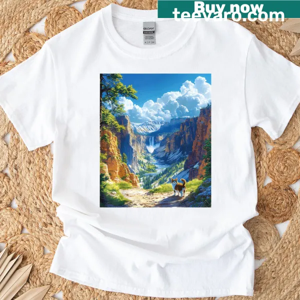 Cat hiking design on outdoor-themed T-shirt