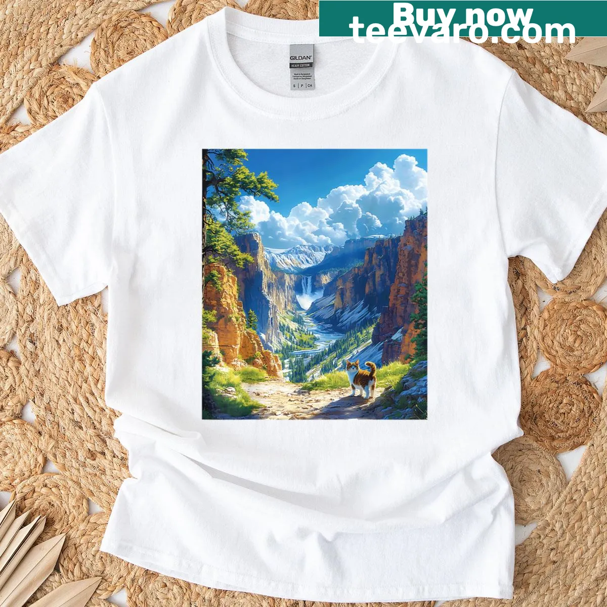 Cat hiking design on outdoor-themed T-shirt — on a men's t-shirt