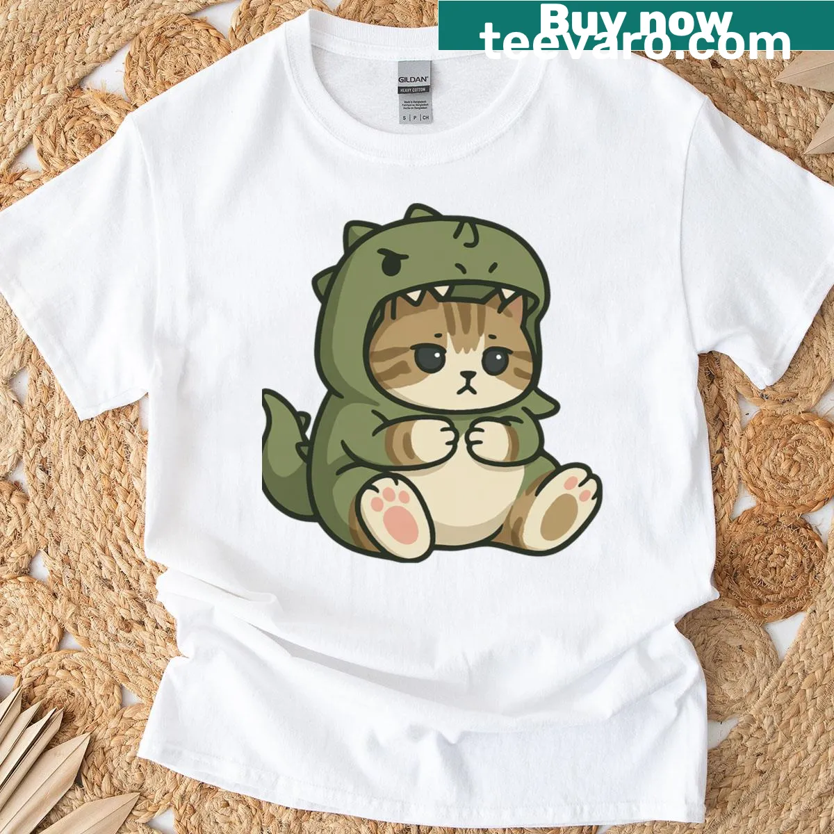 Cute cat in dinosaur costume on T-shirt — on a men's t-shirt