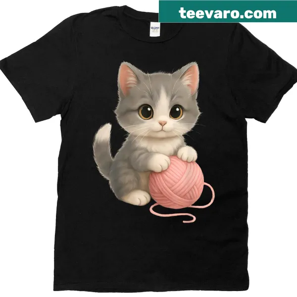 Adorable cat playing with a wool ball, illustrated on a T-shirt