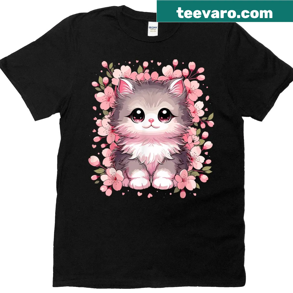 Kawaii cat with cherry blossoms design on a t-shirt — on a men's t-shirt