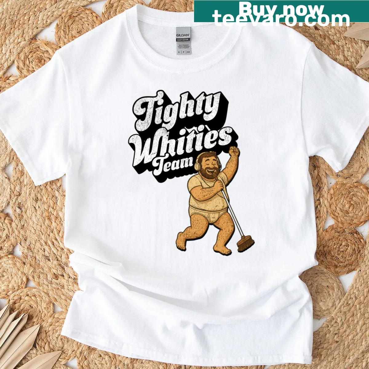 Cartoon of a dancing dad in tighty whities on T-shirt — on a men's t-shirt
