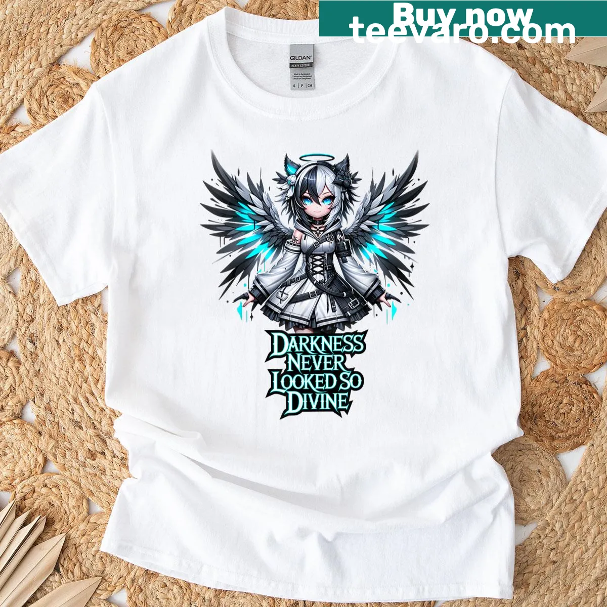 Gothic anime girl t-shirt featuring an angel design and intricate illustrations — on a men's t-shirt