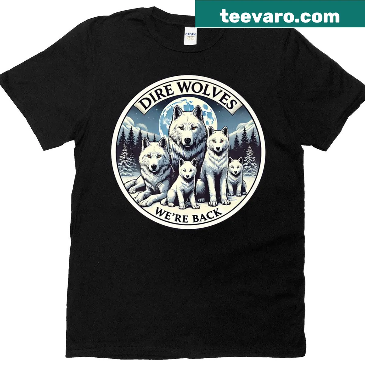 Illustration of dire wolves in a majestic design showcasing their strength — on a men's t-shirt