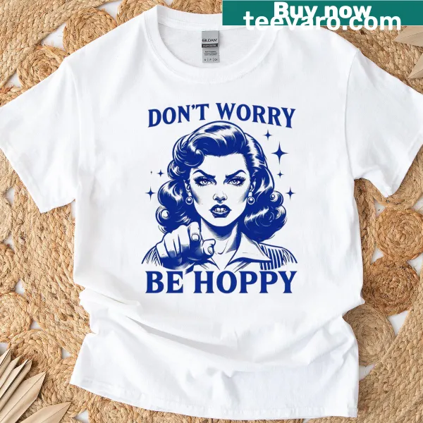 Whimsical bunny illustration with 'Do Not Worry Be Hoppy' text