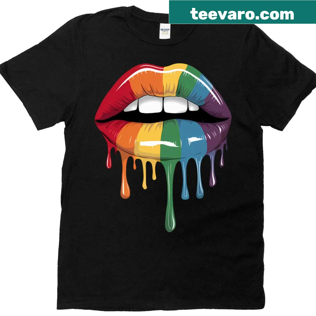 Pop-art t-shirt featuring dripping rainbow lips design — on a men's t-shirt