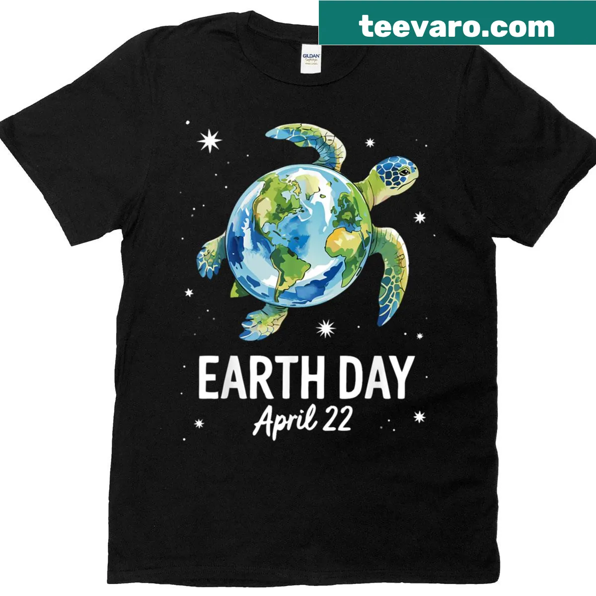 Earth Day t-shirt with a beautiful sea turtle illustration promoting environmental awareness — on a men's t-shirt