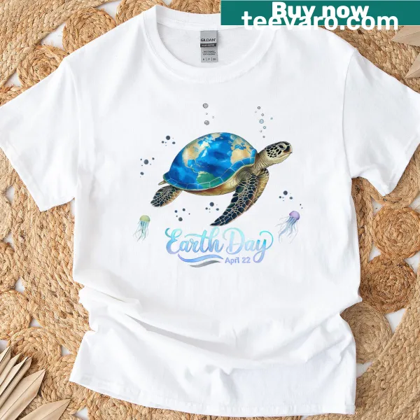 Illustration of a sea turtle swimming through waves for Earth Day 2025