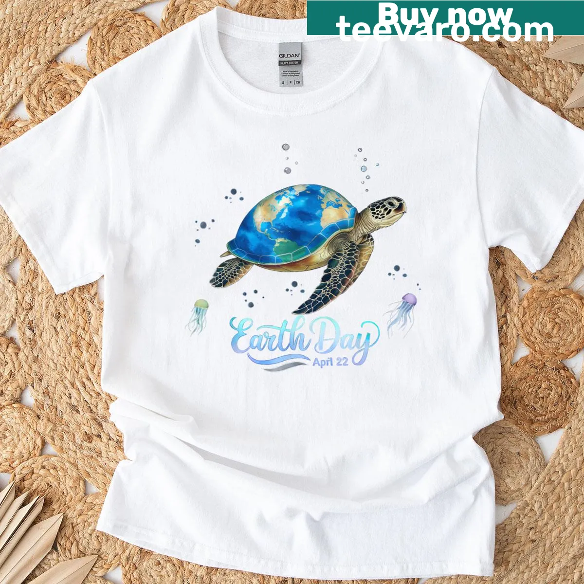 Illustration of a sea turtle swimming through waves for Earth Day 2025 — on a men's t-shirt