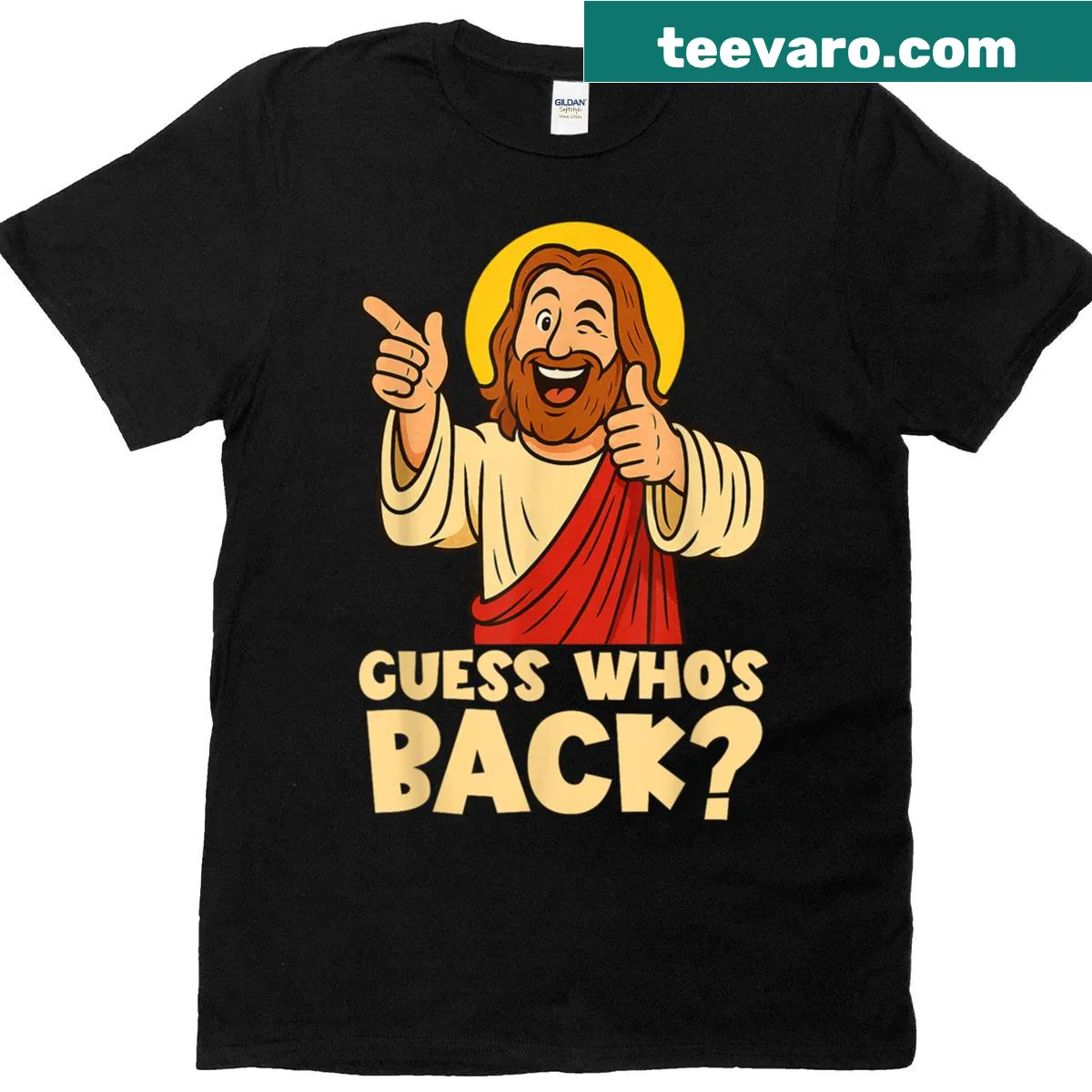 Funny Easter t-shirt with the phrase 'Guess Who's Back' and an illustration celebrating Jesus' resurrection — on a men's t-shirt