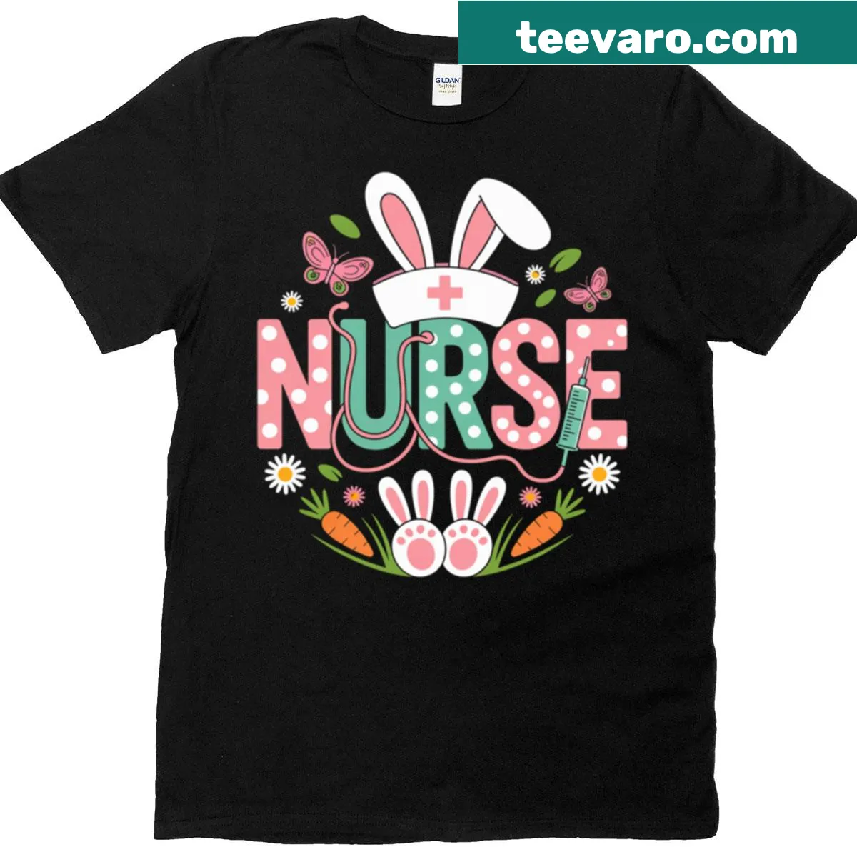 Cute T-shirt with a bunny design for nurses celebrating Easter. — on a men's t-shirt