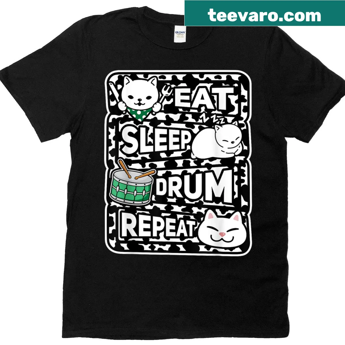 Funny drumming T-shirt featuring the motto 'Eat Sleep Drum Repeat'. — on a men's t-shirt