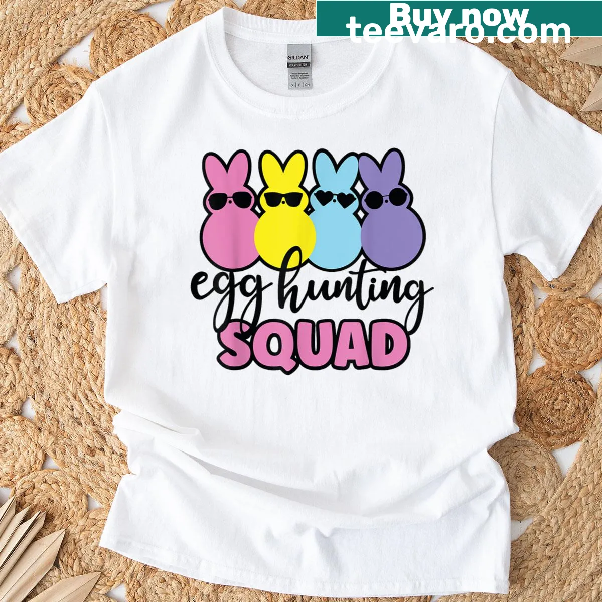 Playful Easter t-shirt with bunny and text 'Egg Hunting Squad Crew' — on a men's t-shirt