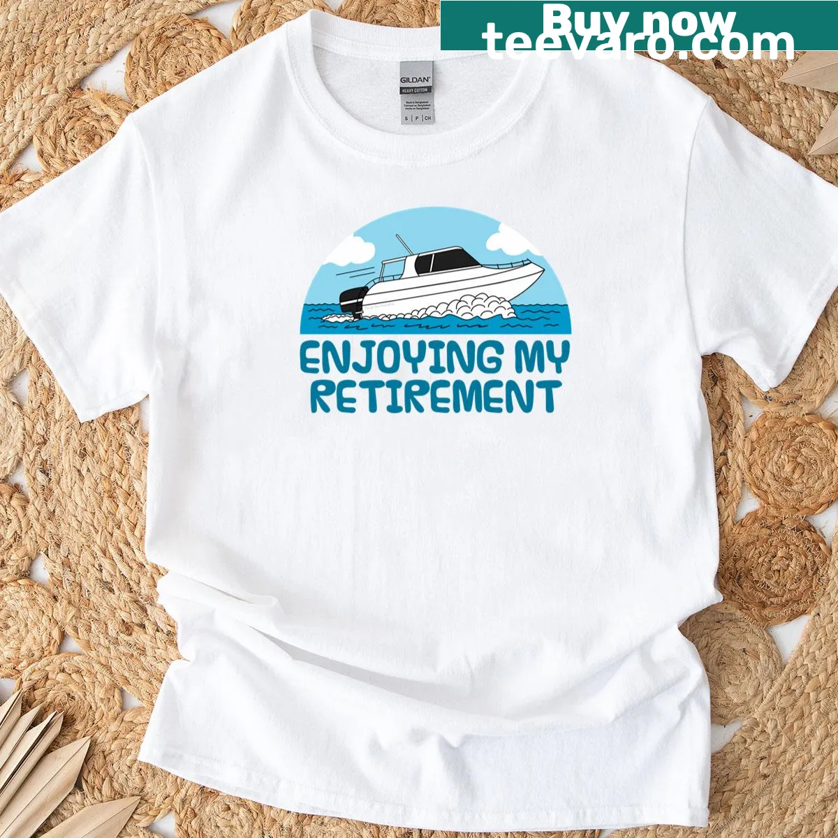 Funny retirement T-shirt with speedboat graphic and humorous text — on a men's t-shirt