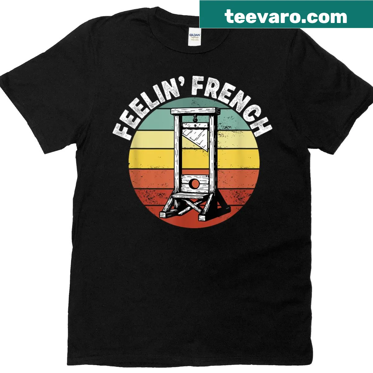 T-shirt featuring humorous text on guillotine — on a men's t-shirt