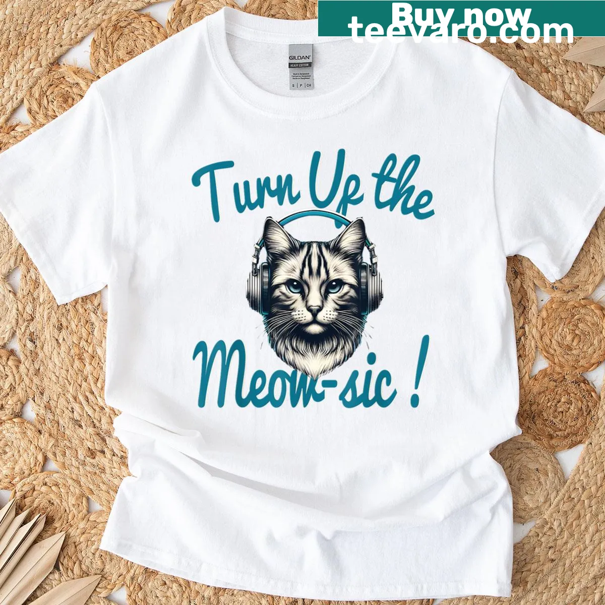 Cute cat with headphones graphic T-shirt for music lovers — on a men's t-shirt