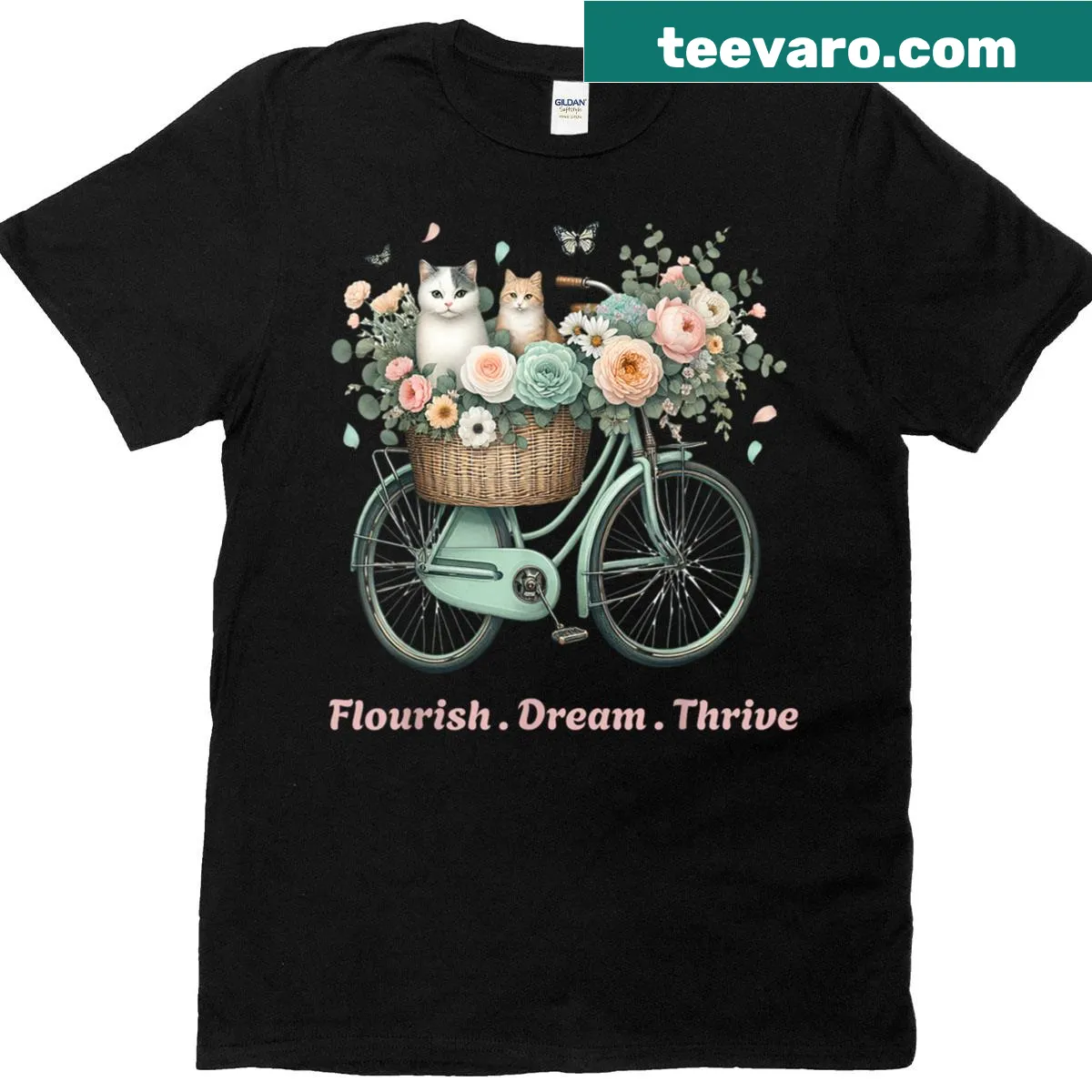 T-shirt with cats, floral elements, and bike illustration — on a men's t-shirt