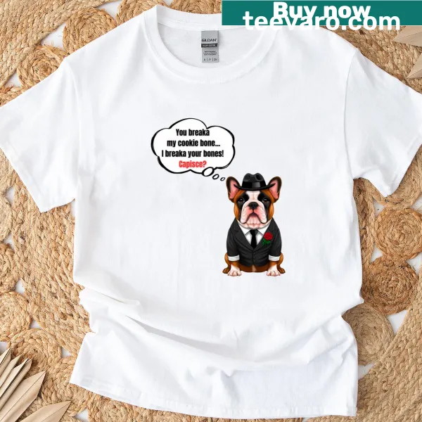 Funny French Bulldog mafia boss t-shirt with cookie bone illustration