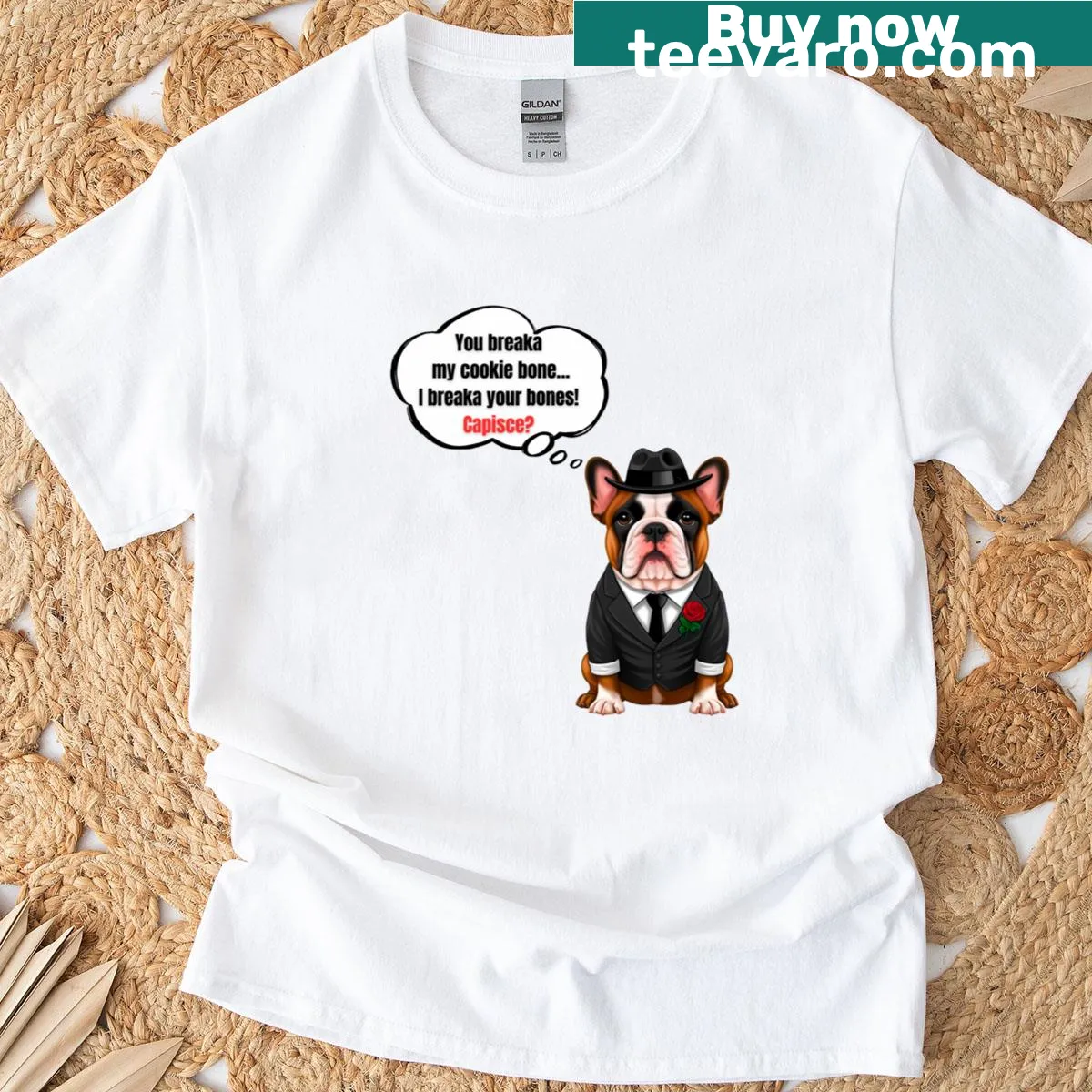 Funny French Bulldog mafia boss t-shirt with cookie bone illustration — on a men's t-shirt