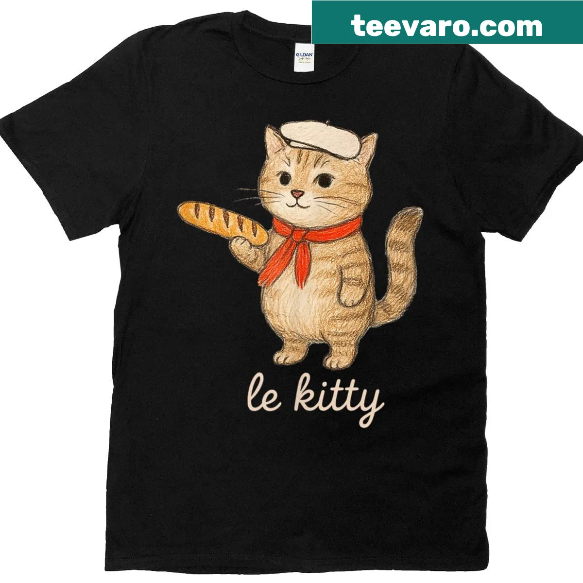 Cute cartoon French cat with baguette graphic on T-shirt. — on a men's t-shirt