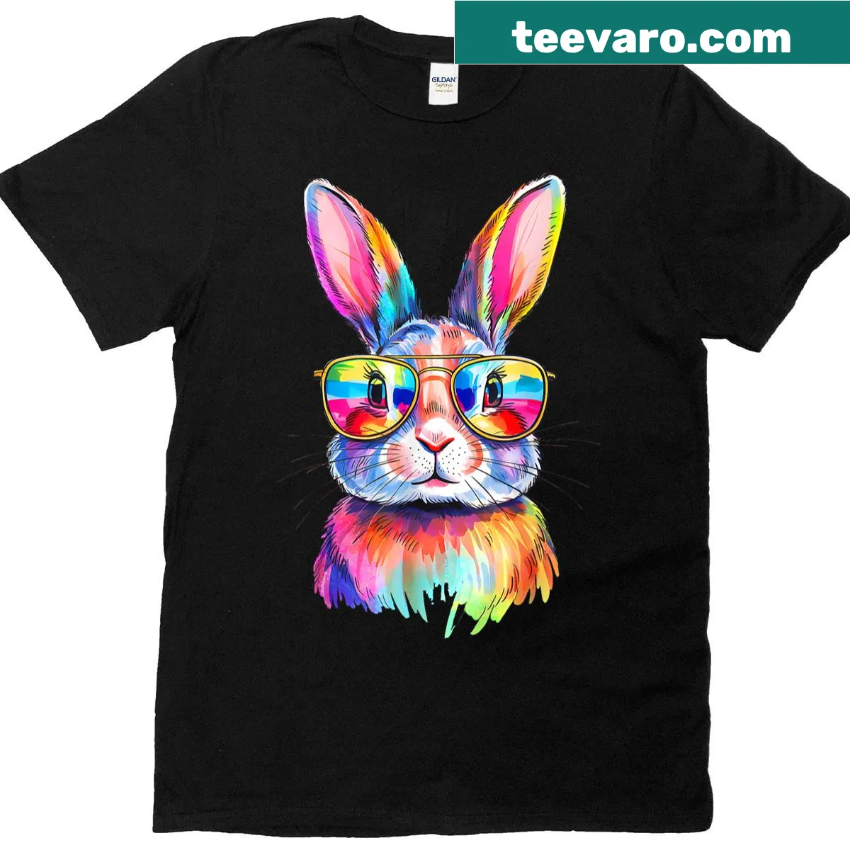 Cartoon bunny wearing sunglasses graphic t-shirt — on a men's t-shirt