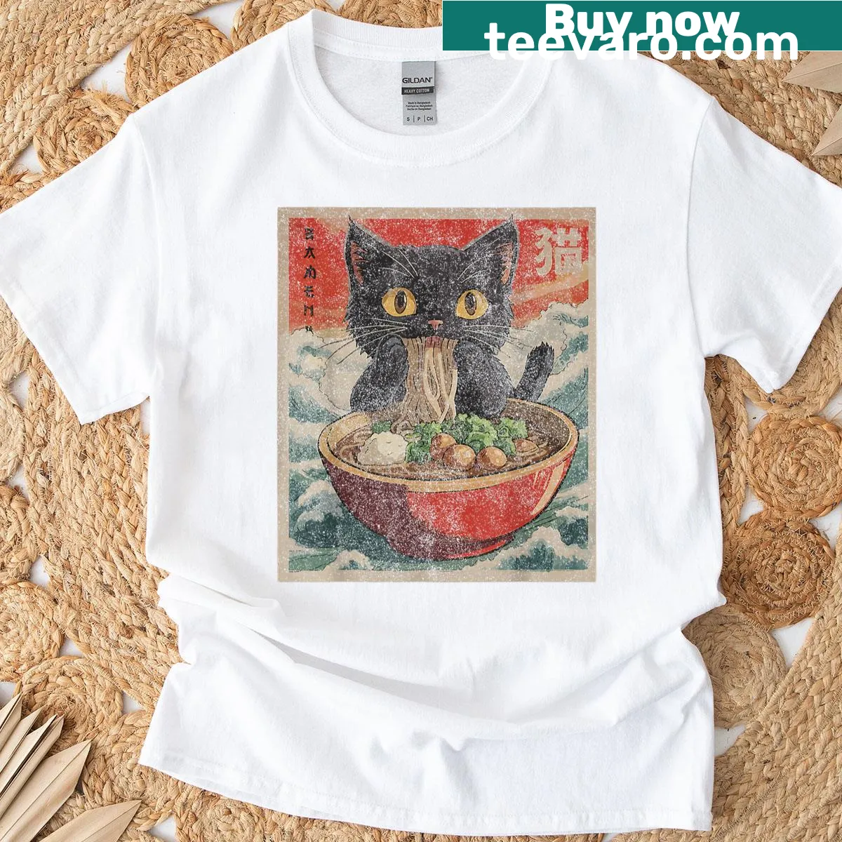 Kawaii cat enjoying ramen graphic on a cute tee — on a men's t-shirt