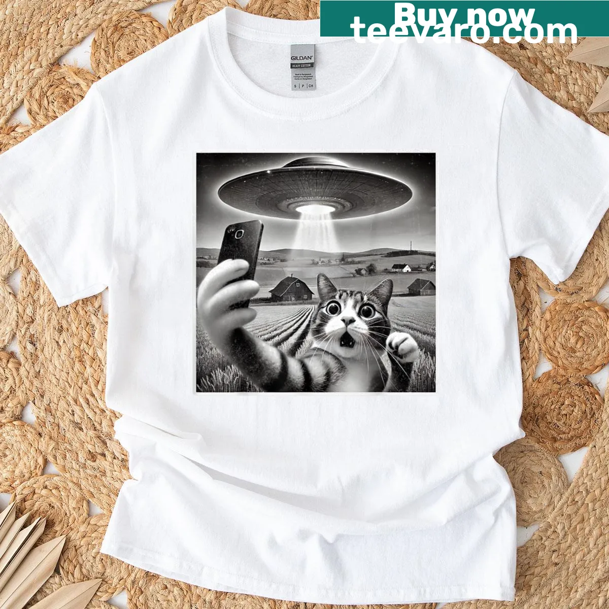 Whimsical cat selfie with an alien UFO graphic on a T-shirt — on a men's t-shirt