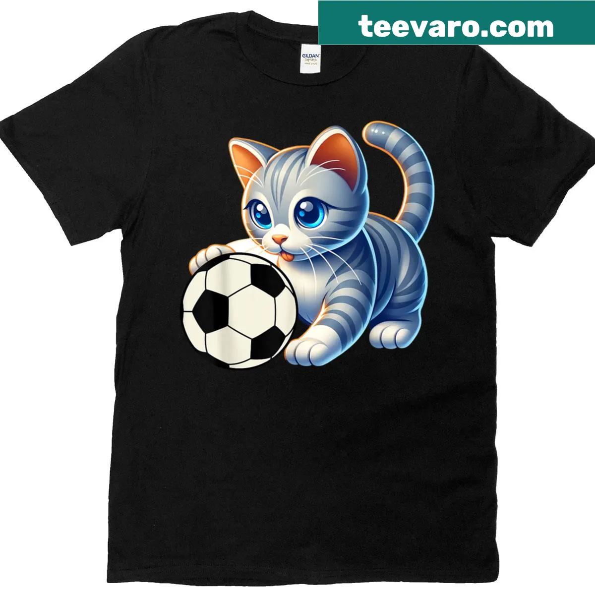 Playful kitten dribbling a soccer ball graphic on a t-shirt — on a men's t-shirt