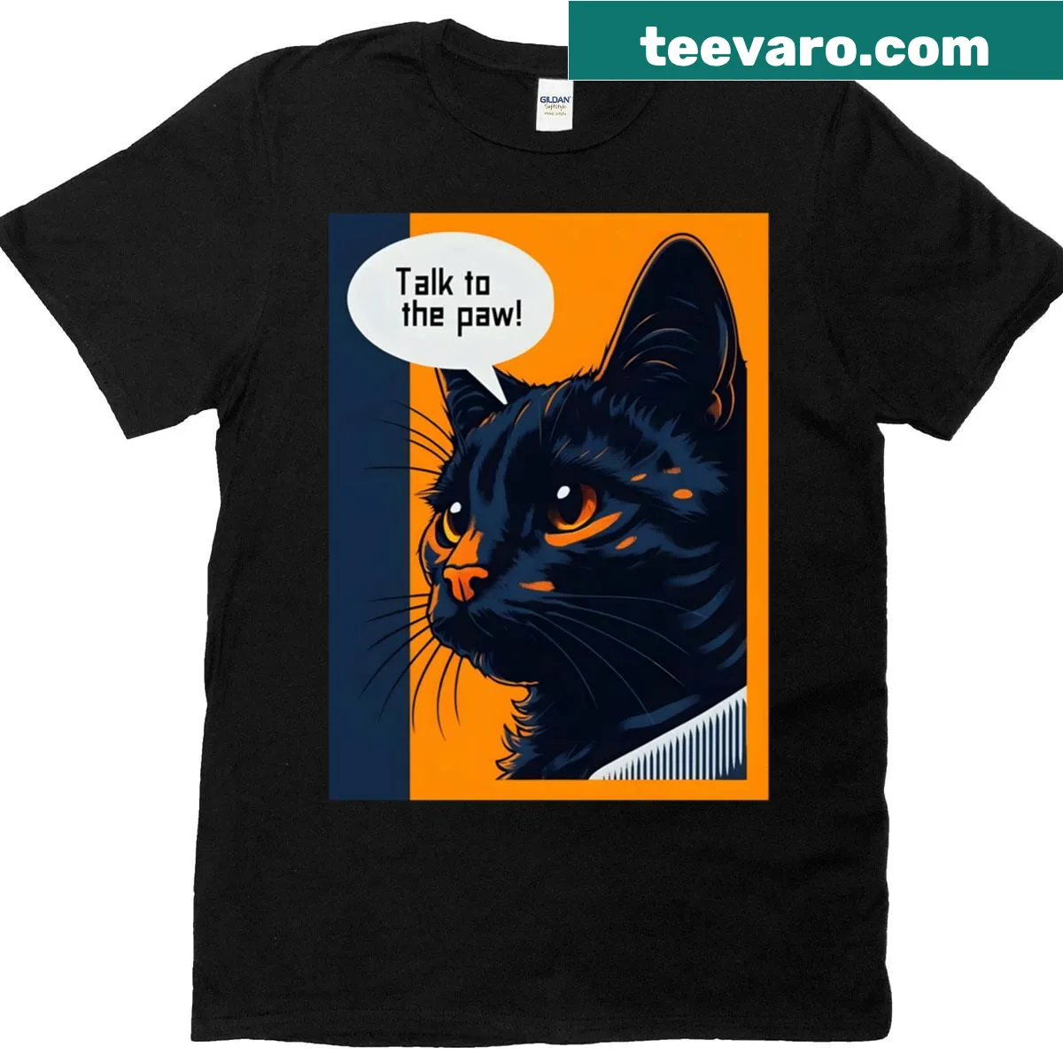 Comic-style t-shirt with sarcastic slogan 'Talk To The Paw' for cat lovers — on a men's t-shirt