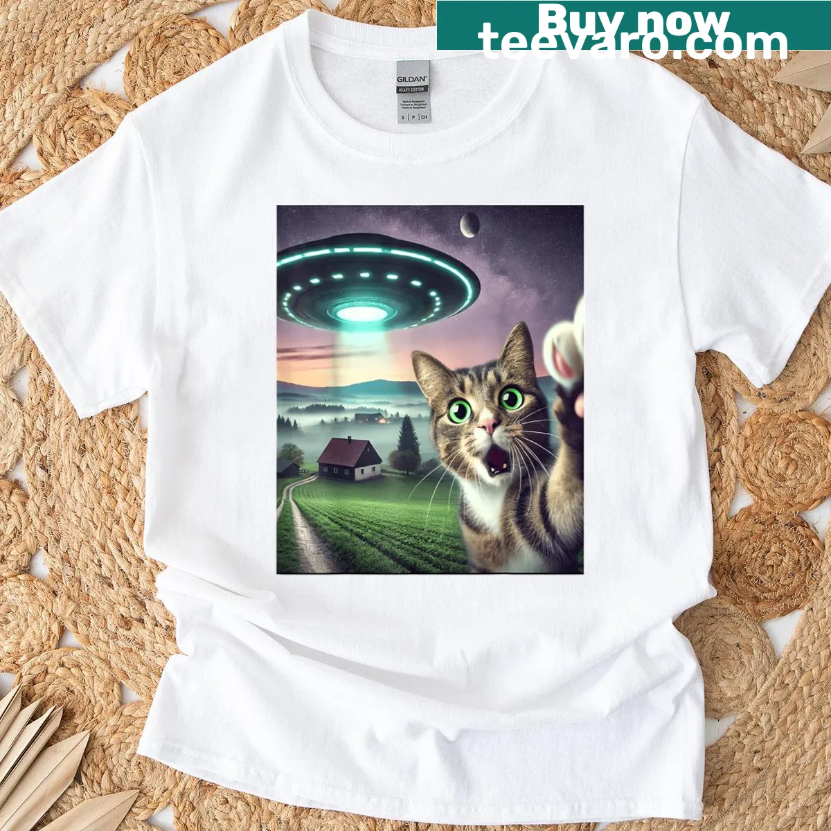 Cartoon cat taking a selfie in a UFO graphic on a tee — on a men's t-shirt