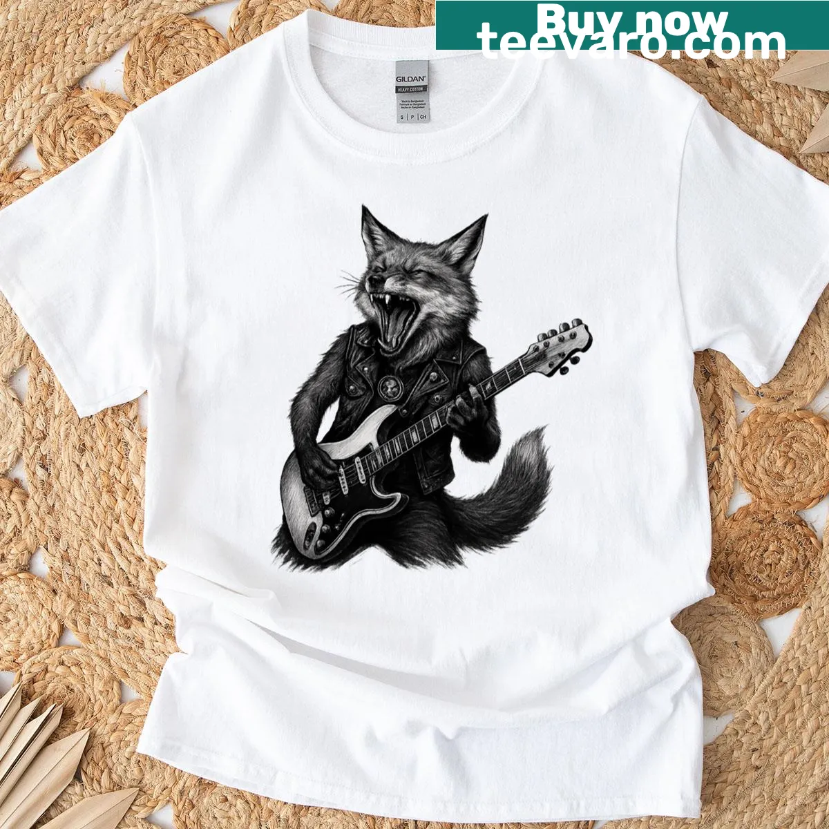 Cartoon fox playing guitar, perfect for music and animal lovers — on a men's t-shirt