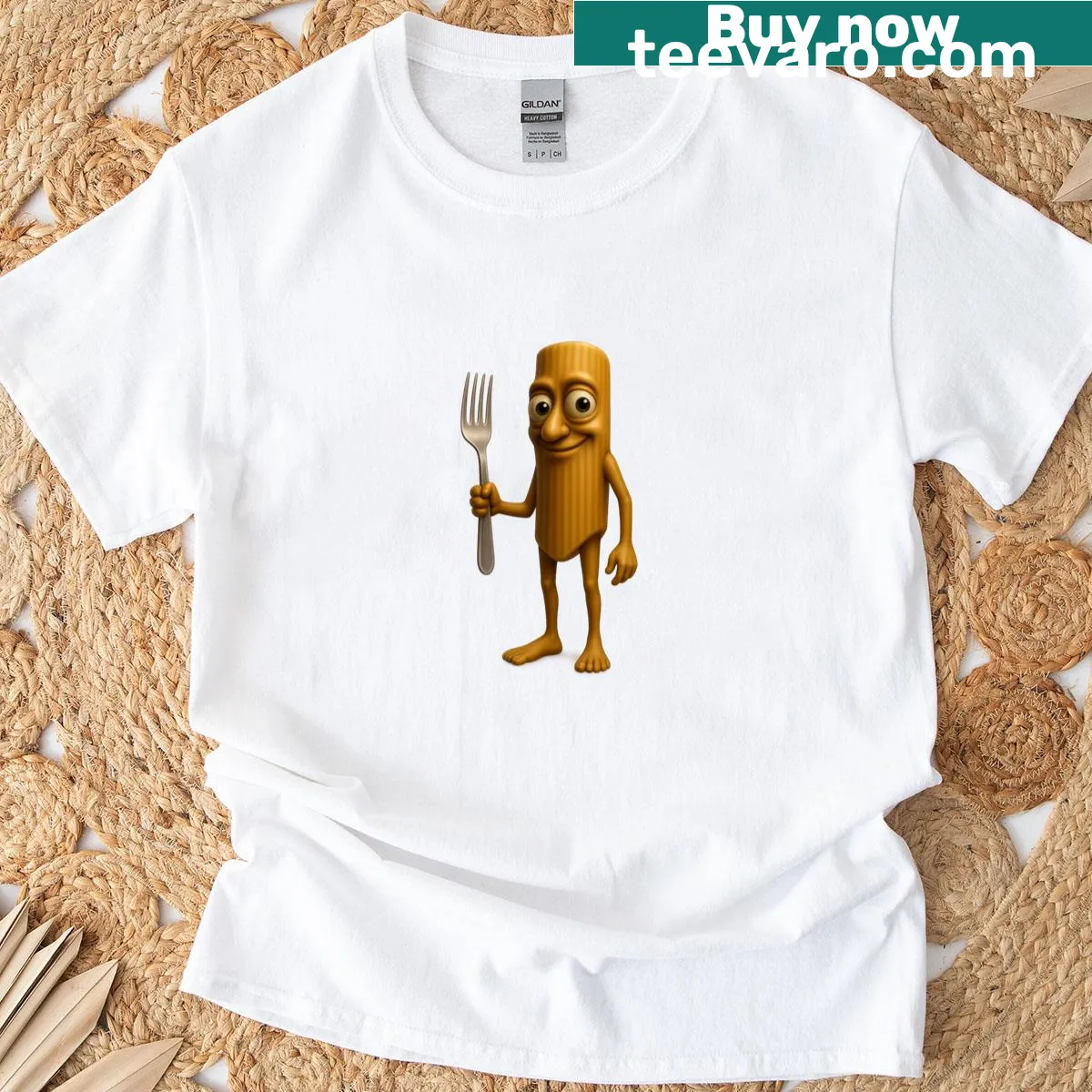 3D cartoon rigatoni character graphic t-shirt — on a men's t-shirt